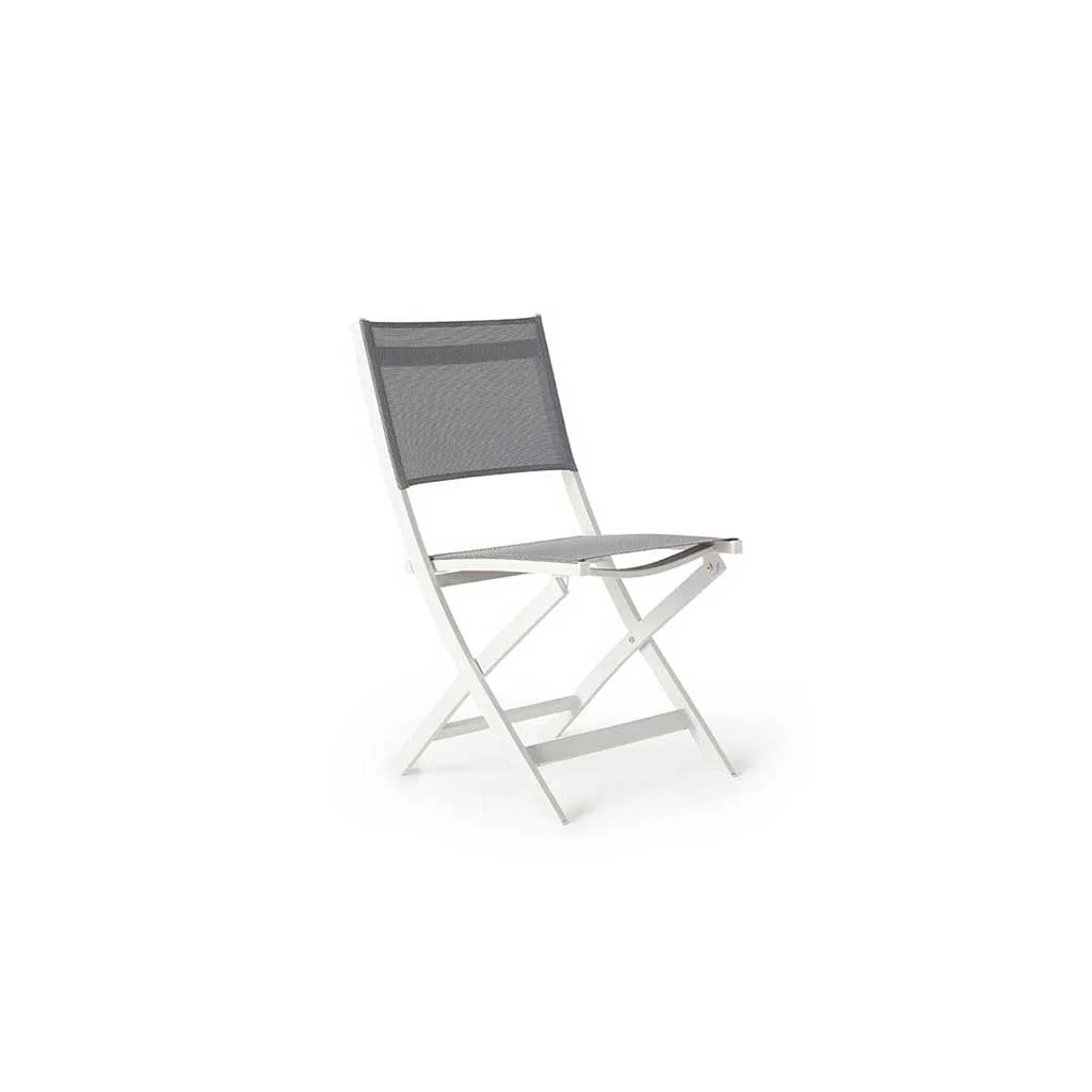 1416-bistro-folding-sling-chair-in-white-aluminum-with-silver-grey-mesh-1.webp Bistro Folding Sling Chair in White Aluminum with Silver Grey Mesh