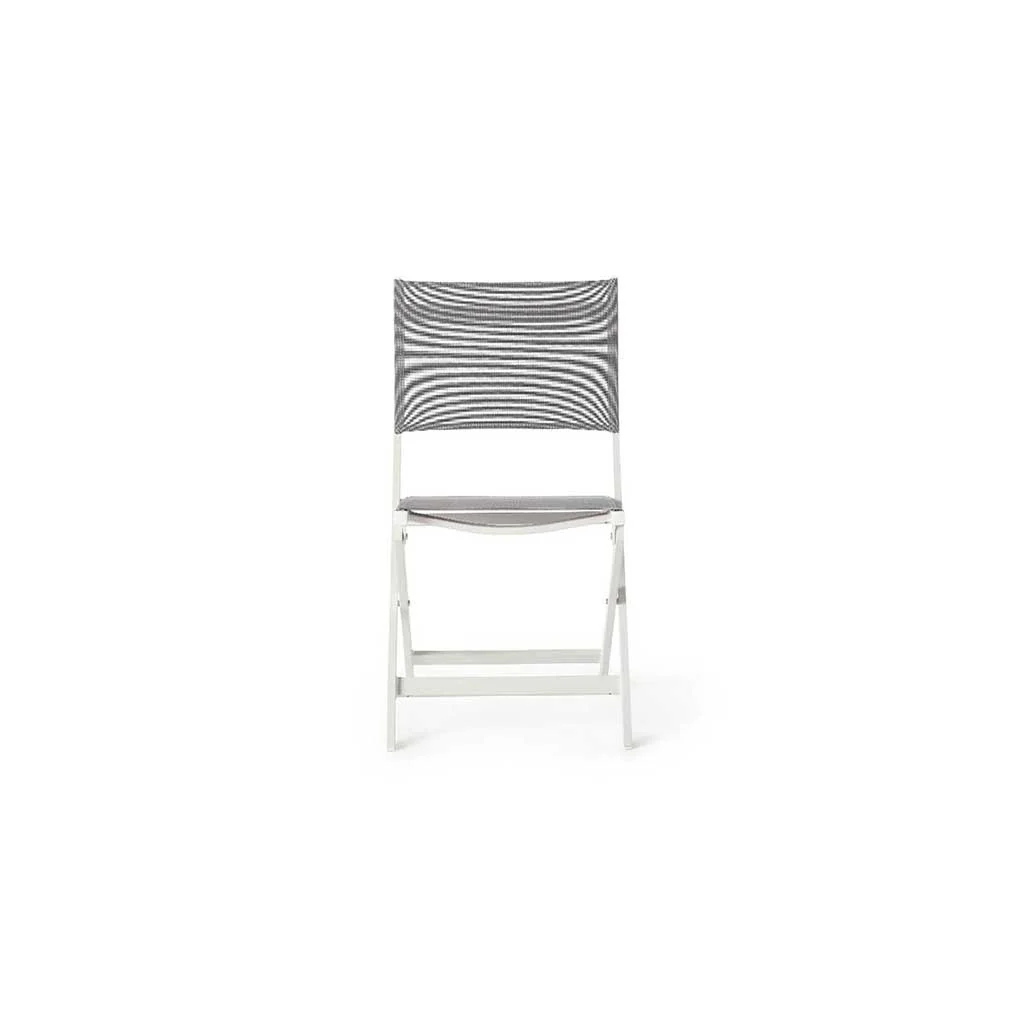 1416-bistro-folding-sling-chair-in-white-aluminum-with-silver-grey-mesh-2.webp Bistro Folding Sling Chair in White Aluminum with Silver Grey Mesh